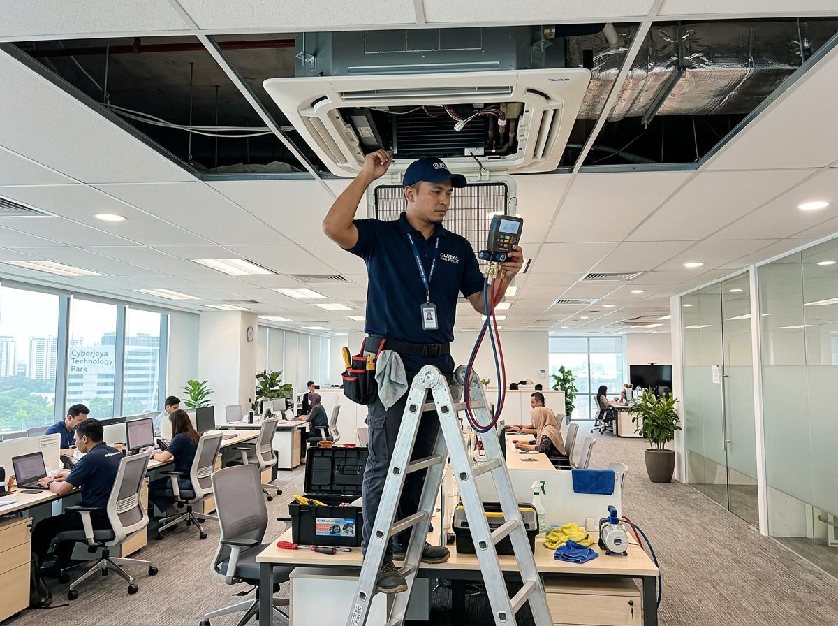Coolair Servis technician servicing a 4-way ceiling cassette in a Puchong corporate tech office