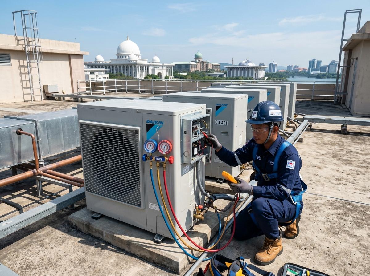 Coolair Servis certified technician checking commercial rooftop aircon condenser fleet in Puchong